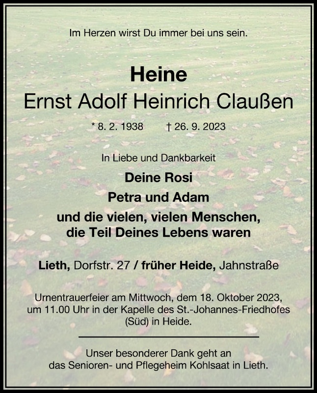 Erinnerungsbild für Heine (Ernst Adolf Heinrich) Claußen