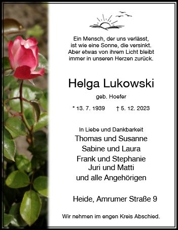 Erinnerungsbild für Helga Lukowski