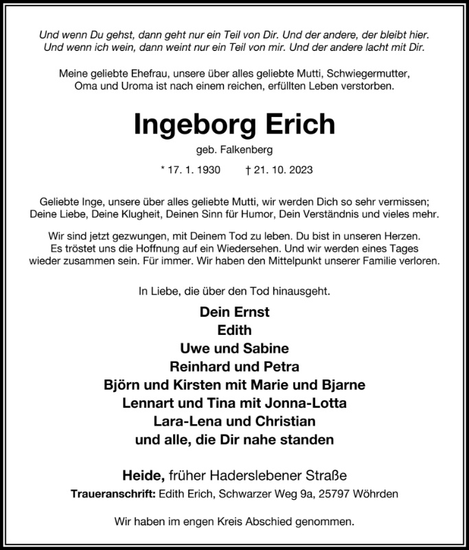 Erinnerungsbild für Ingeborg Erich